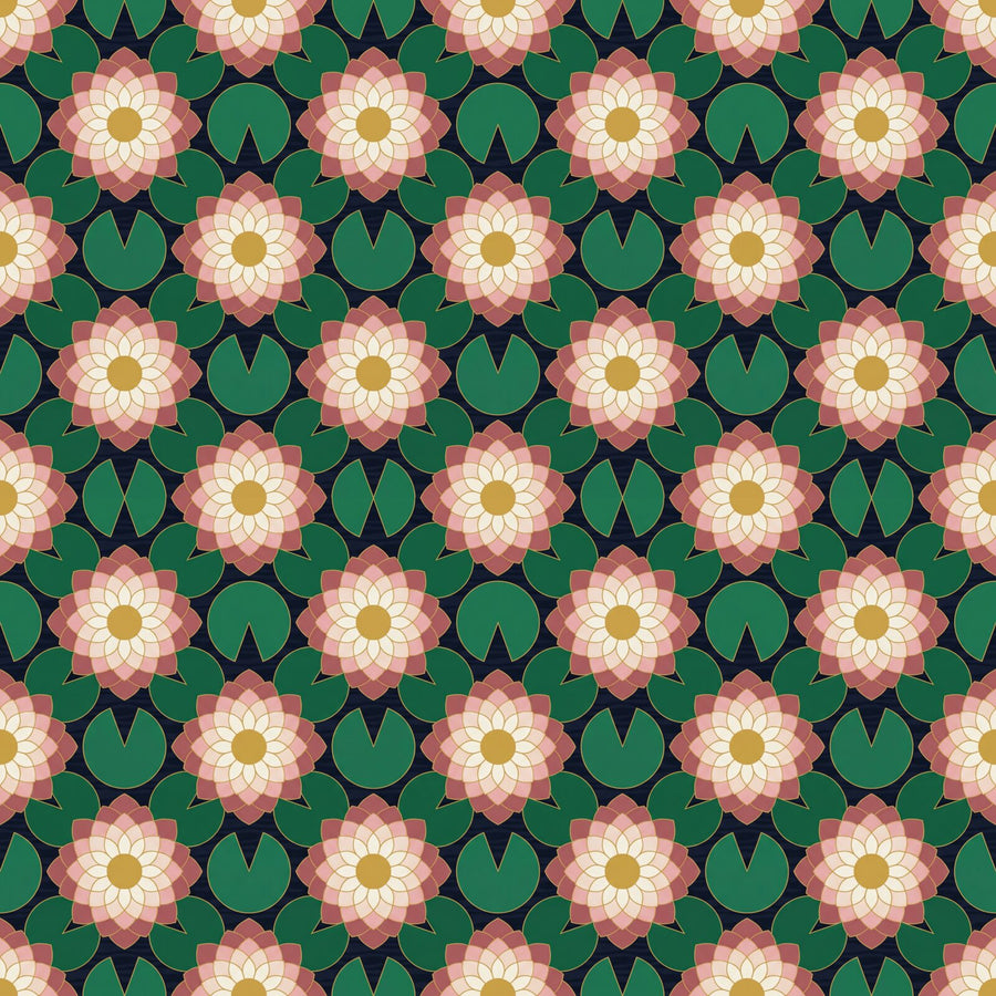 Heritage pattern mural with Dark Water, Lotus Pink, and Gold Centre. Made to order.