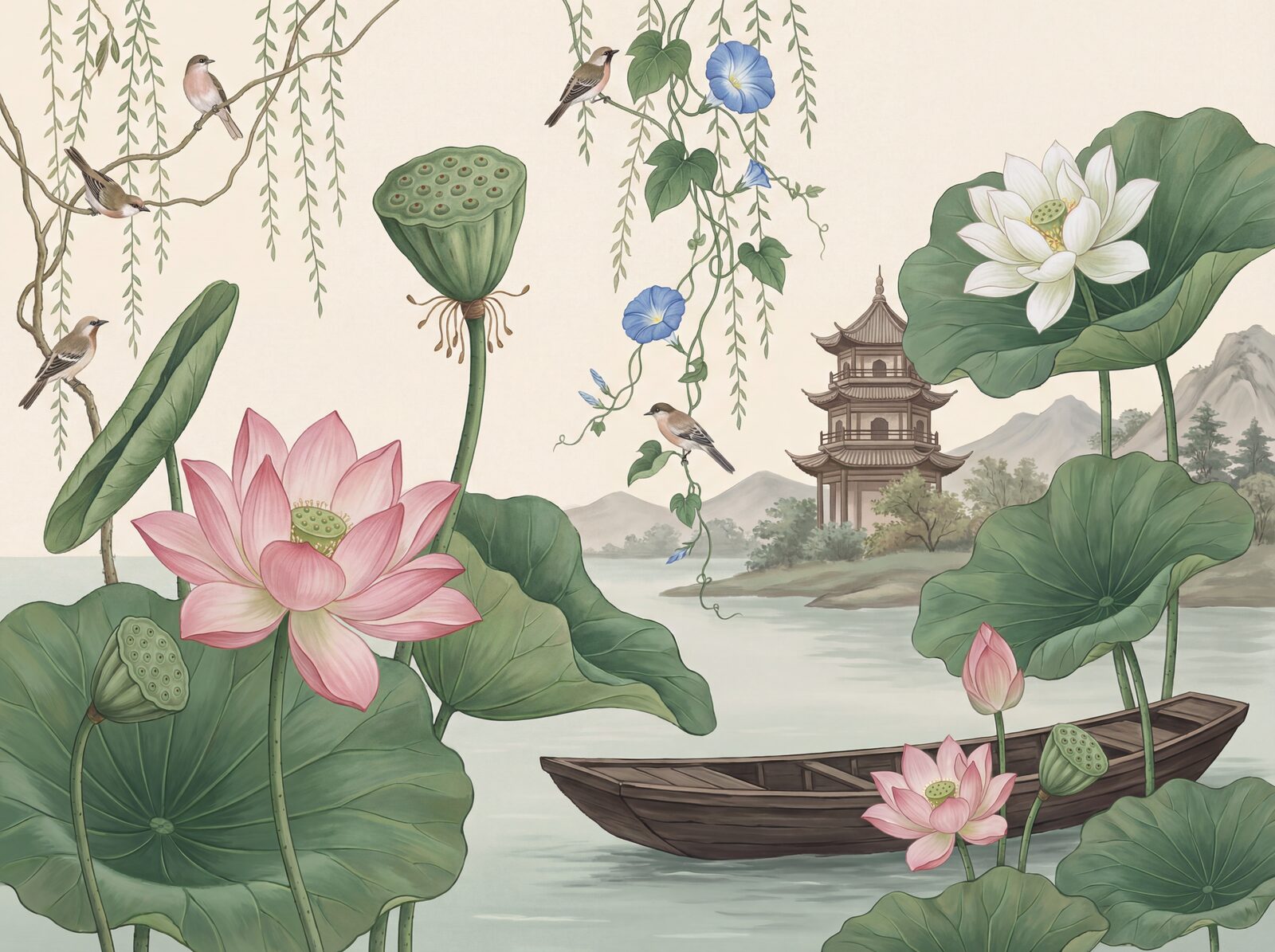Chinoiserie scenic mural with Lotus Jade, Petal Blush, and Still Water hues. Made to order.