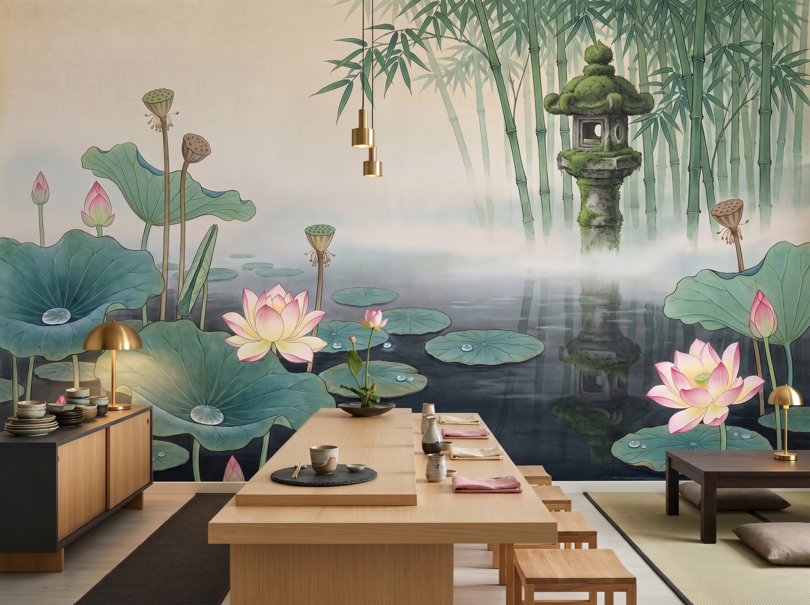 Lotus Pond scenic wallpaper mural on the feature wall of a chinoiserie living room, in a soft grey palette — The Wall Shawl.
