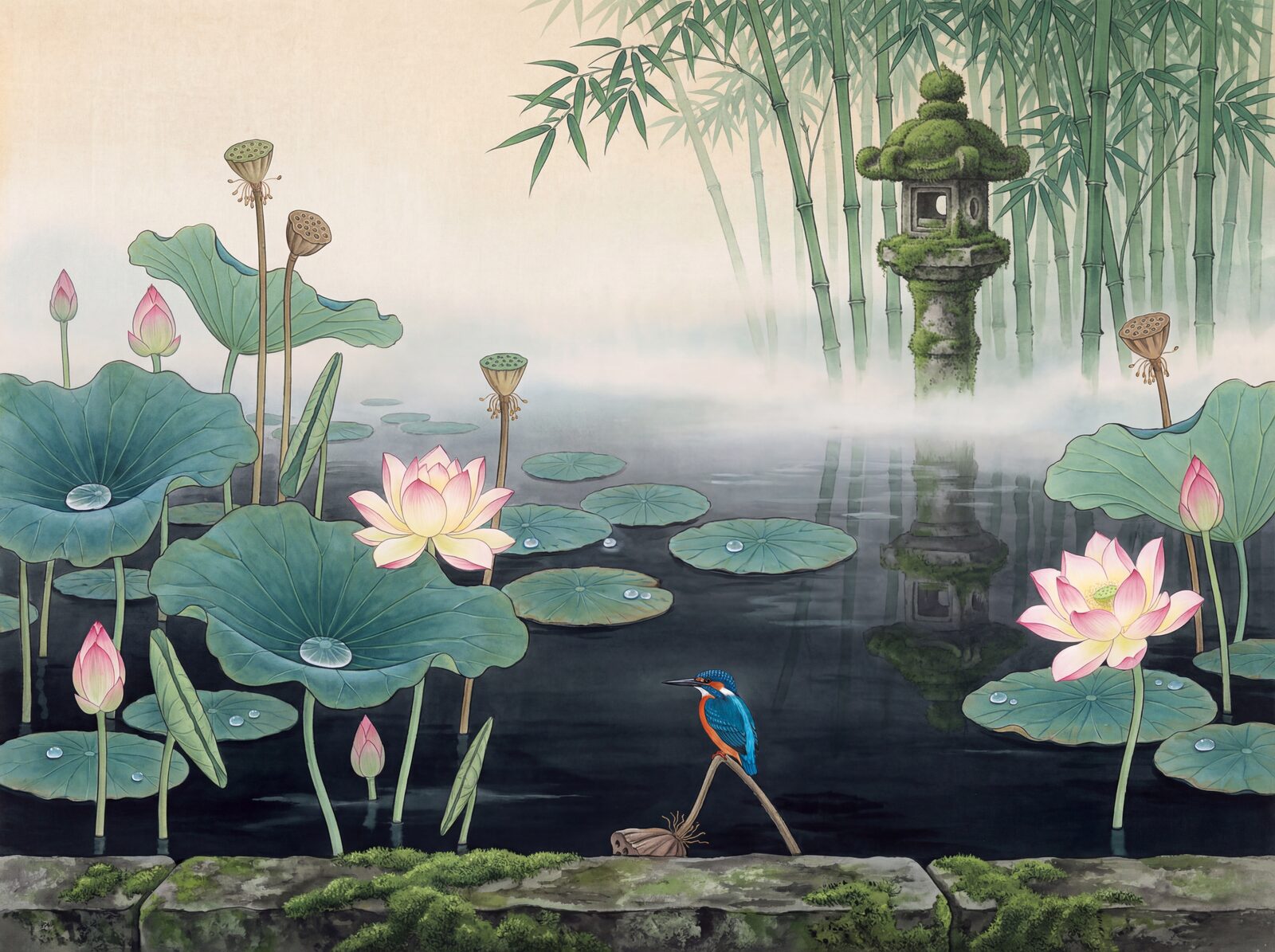 Scenic mural wallpaper with Rice Paper, Lotus Pink, and Pad Blue-Green hues. Made to order.