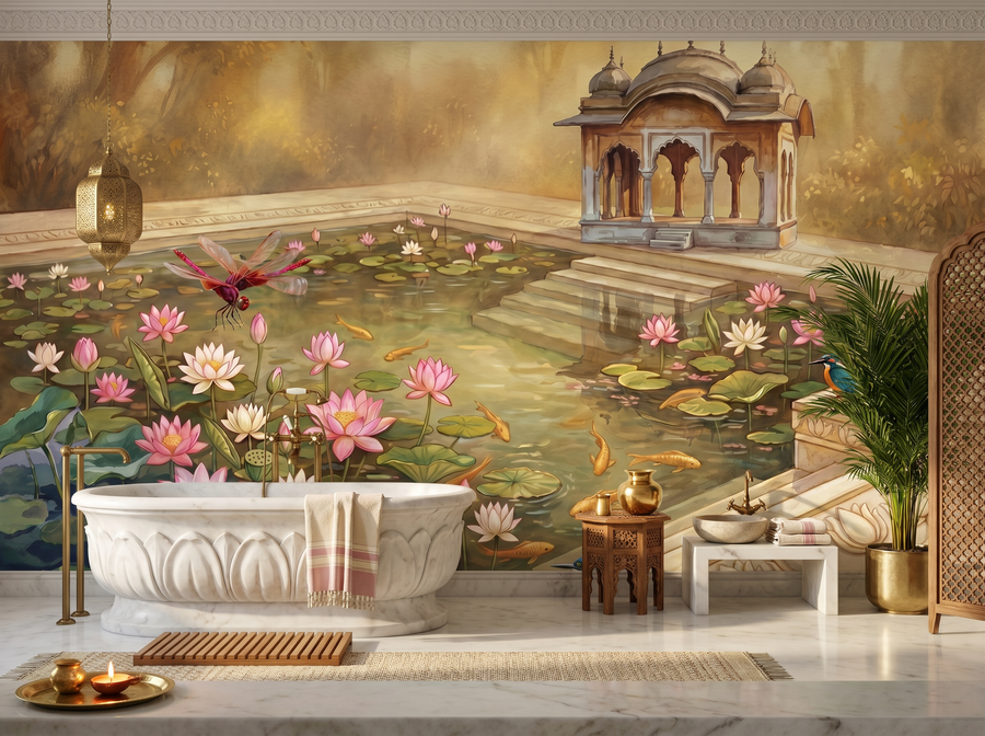 Lotus Pool scenic wallpaper mural on the feature wall of a chinoiserie bathroom, in a soft grey palette — The Wall Shawl.