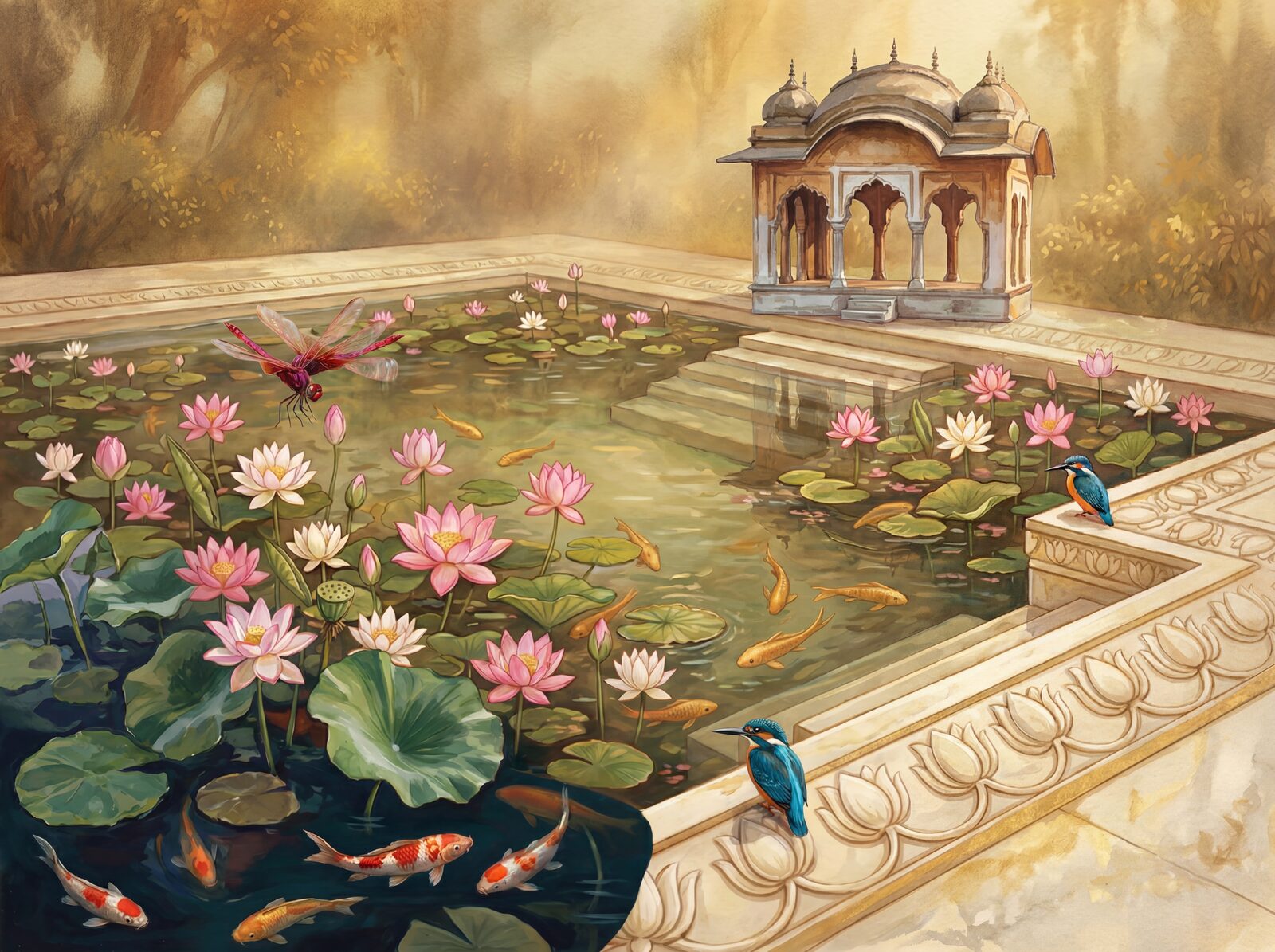 Scenic mural wallpaper in soft pink, green, and turquoise. Made to order.