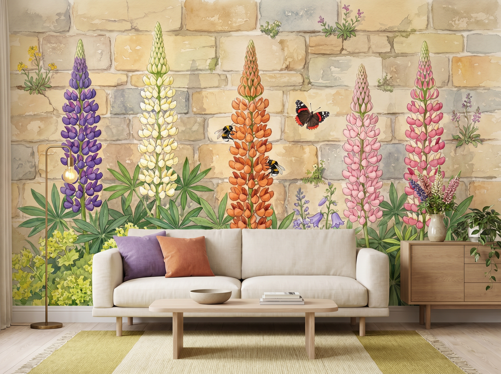 Lupin Row scenic wallpaper mural on the feature wall of an English-country kitchen, in a soft grey palette — The Wall Shawl.