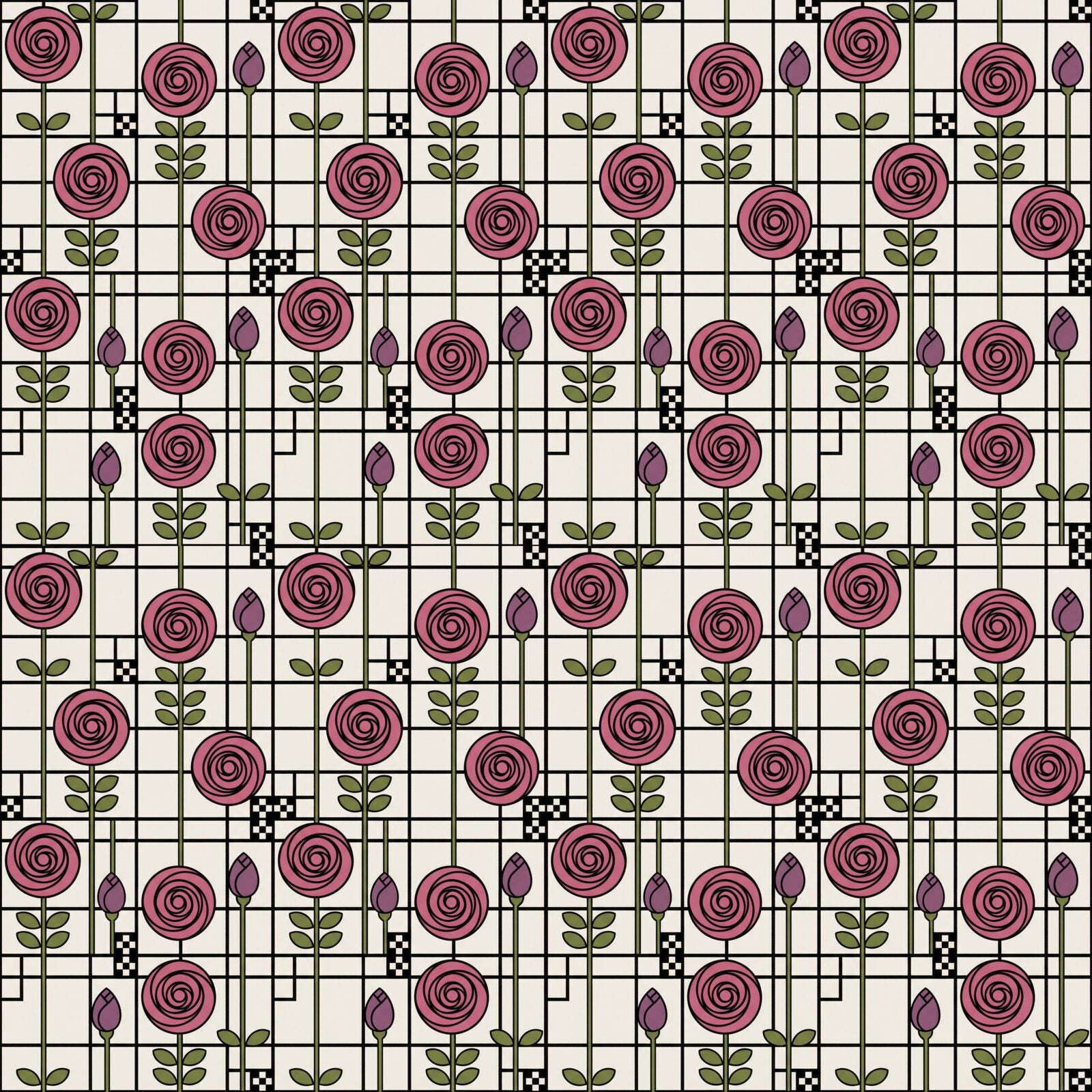 Step into the elegant world of Charles Rennie Mackintosh with our Mackintosh Rose mural, featuring an iconic geometric rose in pinks and purples. Made to order.
