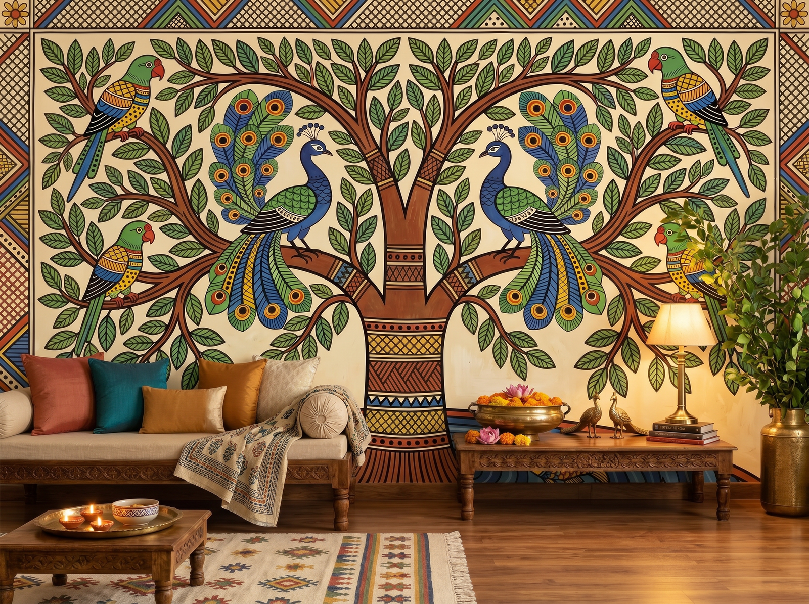 Madhubani Forest scenic wallpaper mural on the feature wall of an eclectic living room, in a soft grey palette — The Wall Shawl.