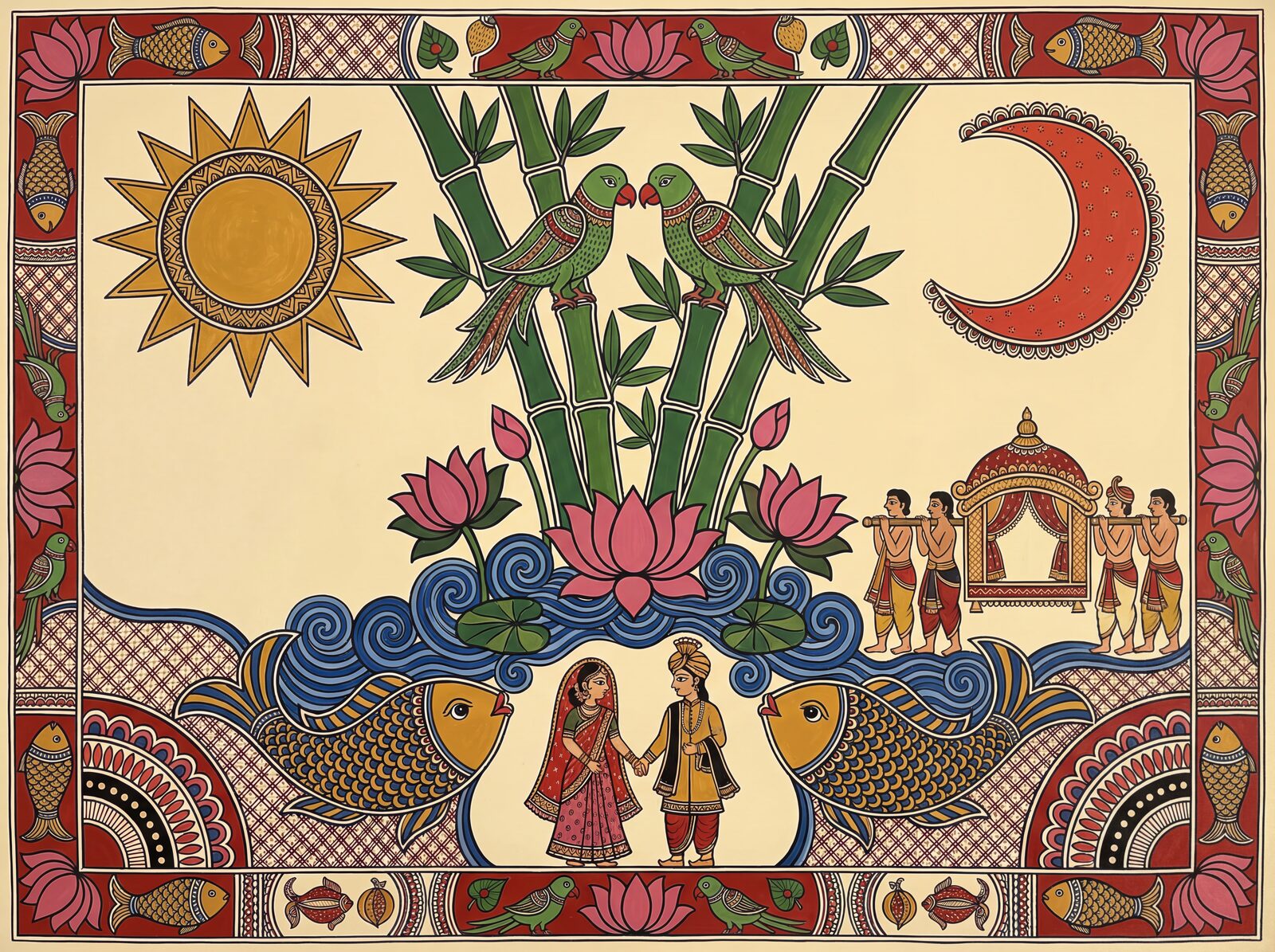 Immerse yourself in the sacred artistry of a Madhubani wedding chamber. Rich reds, golds, and blues. Made to order.