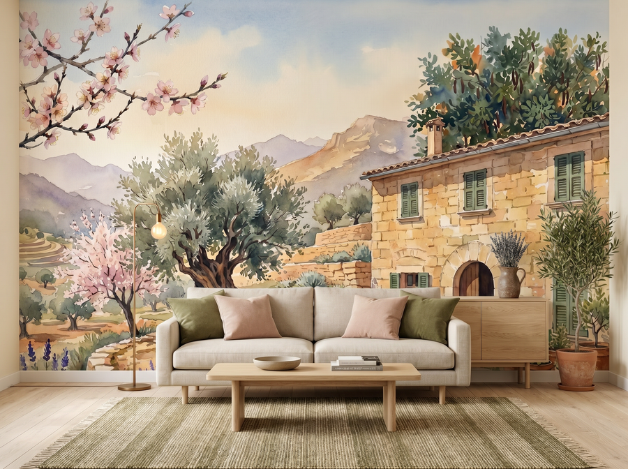 Majorcan Finca scenic wallpaper mural on the feature wall of a Mediterranean kitchen, in a soft grey palette — The Wall Shawl.