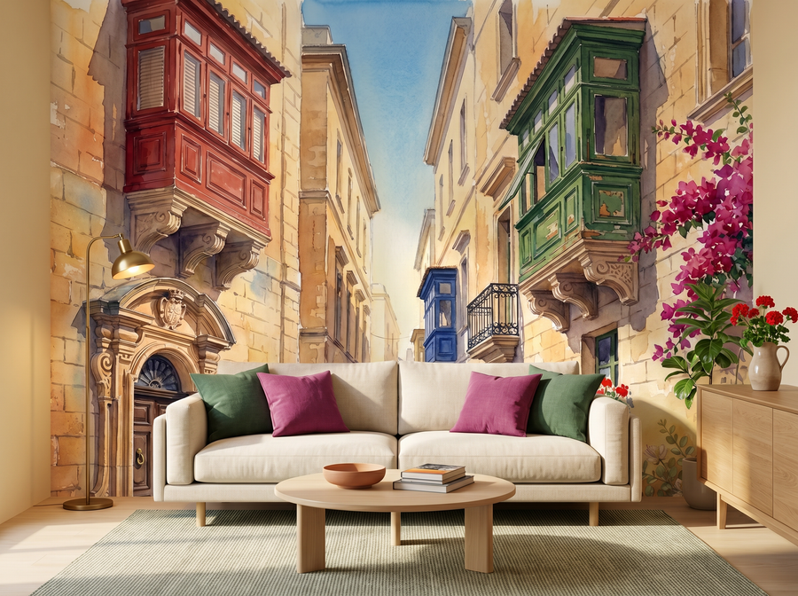 Maltese Balcony scenic wallpaper mural on the feature wall of a Mediterranean entrance hall, in a soft grey palette — The Wall Shawl.