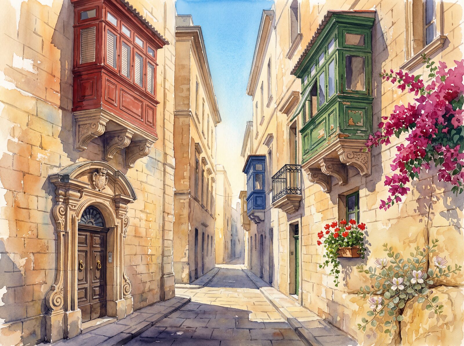 Vibrant Mediterranean scene with Globigerina Gold, Balcony Red, and Blue hues. Made to order.