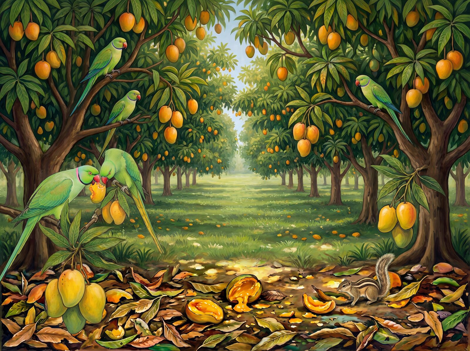 Vibrant mango grove wallpaper in Ripe Mango, Mango Blush, and Canopy Dark hues. Made to order.