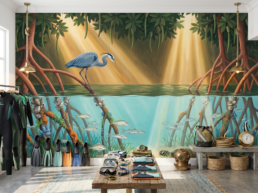 Mangrove scenic wallpaper mural on the feature wall of a biophilic bathroom, in a warm brown-and-taupe palette — The Wall Shawl.
