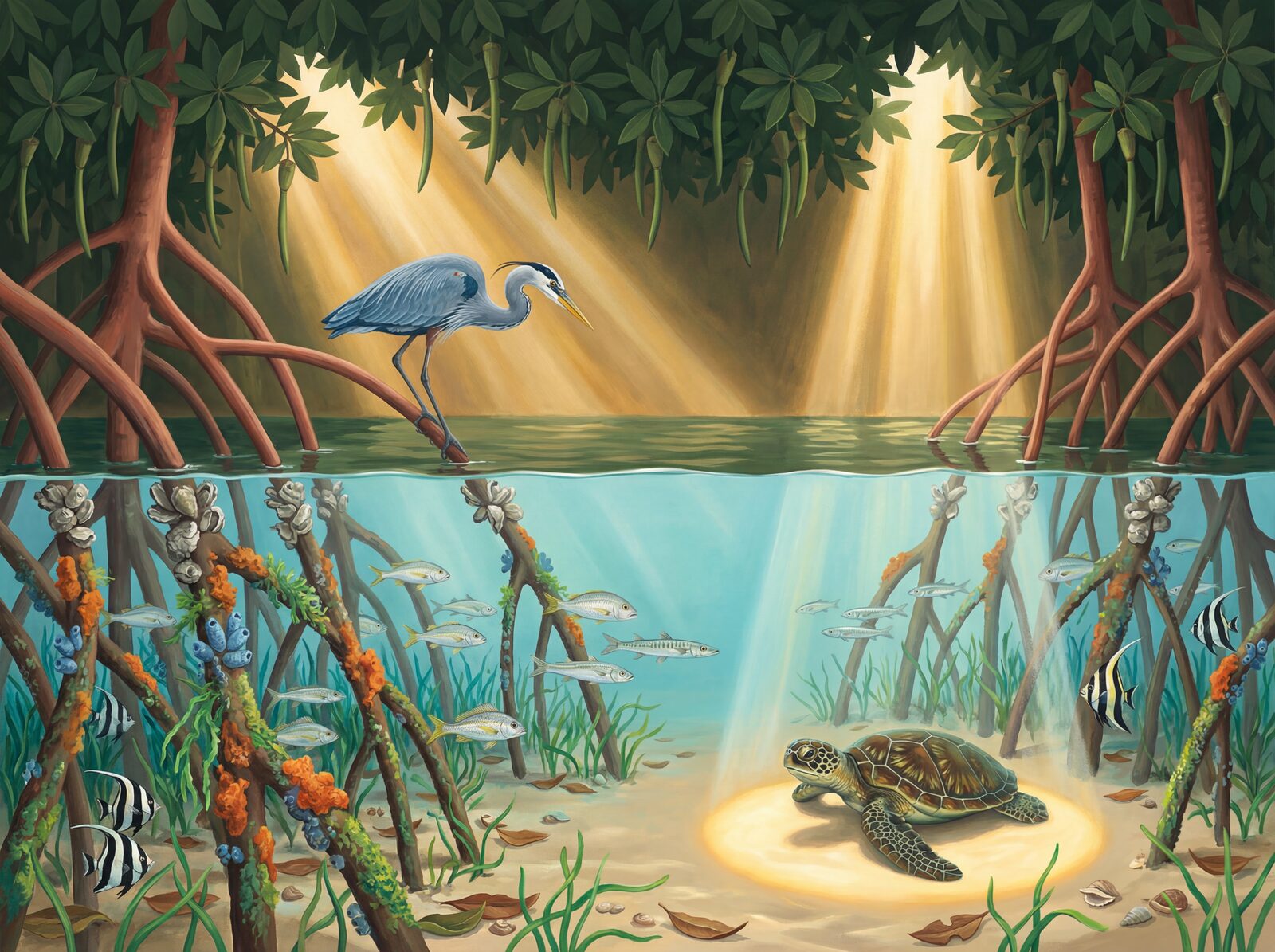 Immersive mangrove forest scene with Root Reddish, Crystal Water, and Canopy Dark hues. Made to order.