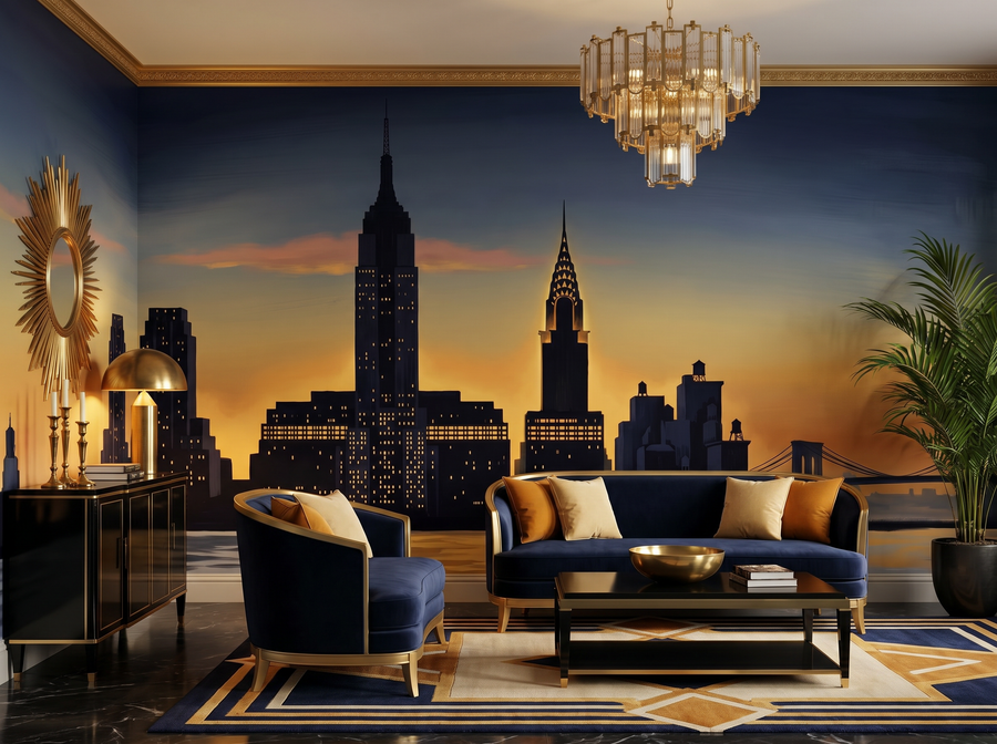 Manhattan Skyline scenic wallpaper mural on the feature wall of a Hollywood-Regency living room, in a moody black-and-charcoal palette — The Wall Shawl.