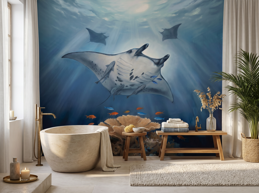 Manta Ray scenic wallpaper mural on the feature wall of an English-country bedroom, in a cool blue palette — The Wall Shawl.
