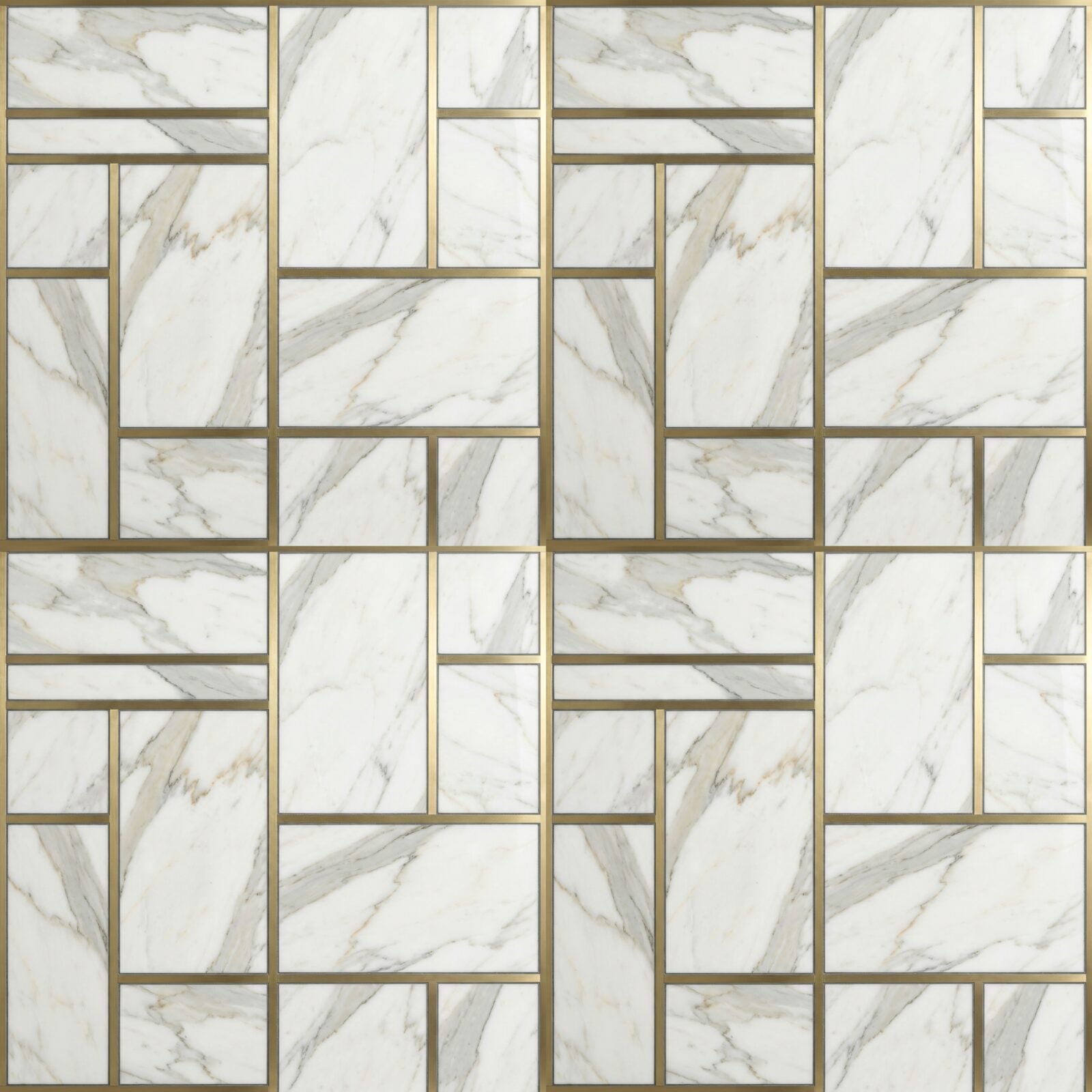 Heritage pattern wallpaper featuring marble and brass. Palette: white, grey, gold, brass. Made to order.