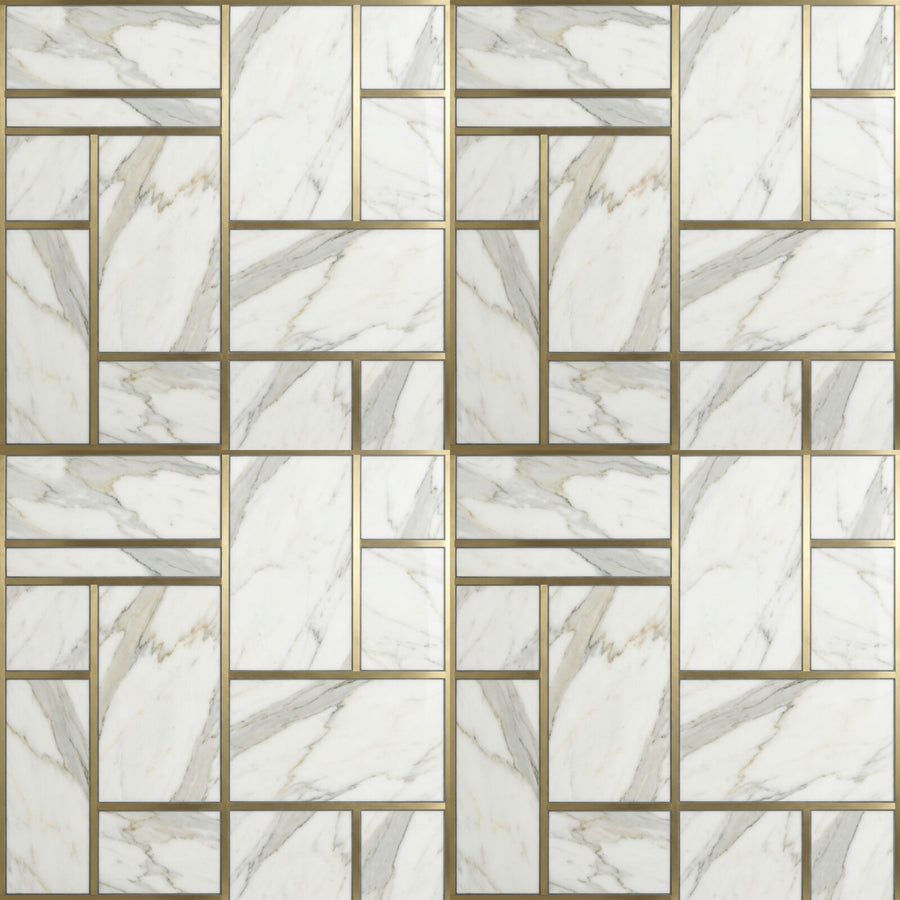 Heritage pattern wallpaper featuring marble and brass. Palette: white, grey, gold, brass. Made to order.