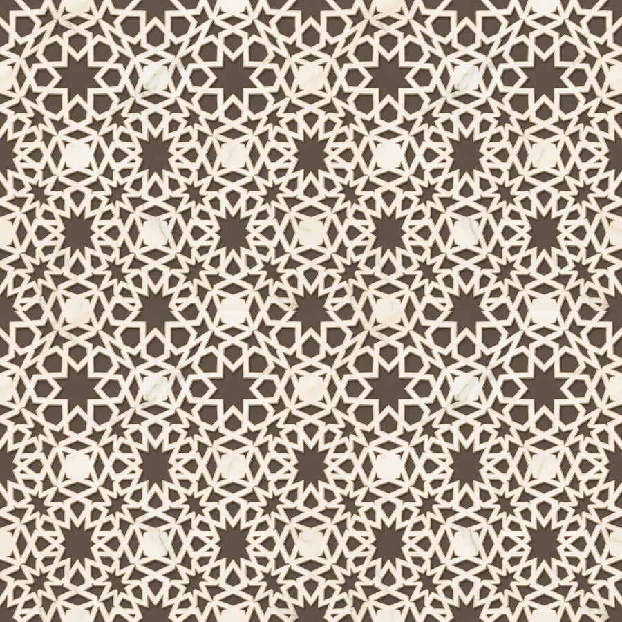 Experience the luminous geometry of a Mughal marble jali. Warm white, golden light, and garden green tones. Made to order.