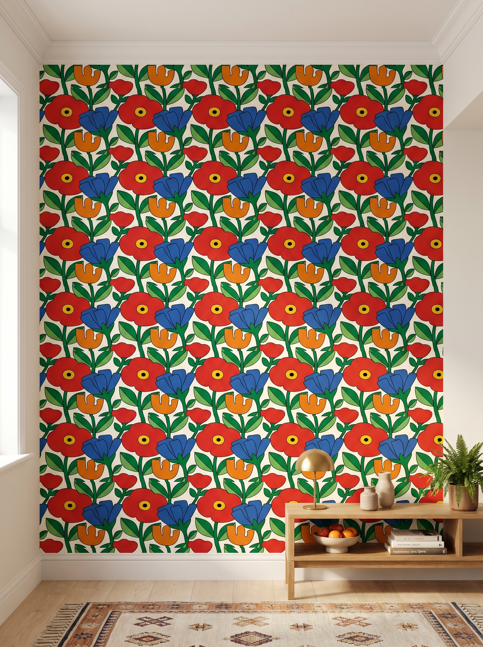 Marimekko Homage scenic wallpaper mural on the feature wall of a Scandinavian kitchen, in a moody black-and-charcoal palette — The Wall Shawl.