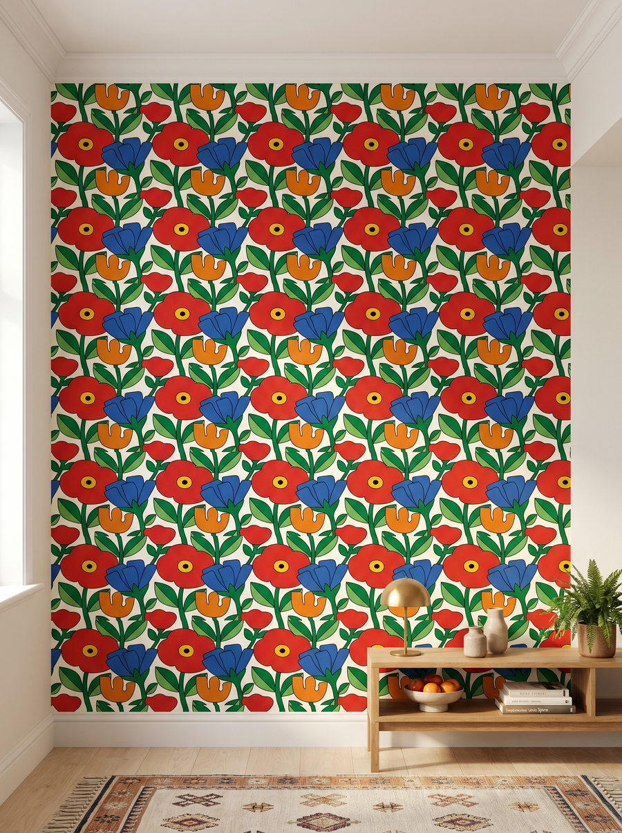 Marimekko Homage scenic wallpaper mural on the feature wall of a Scandinavian kitchen, in a moody black-and-charcoal palette — The Wall Shawl.