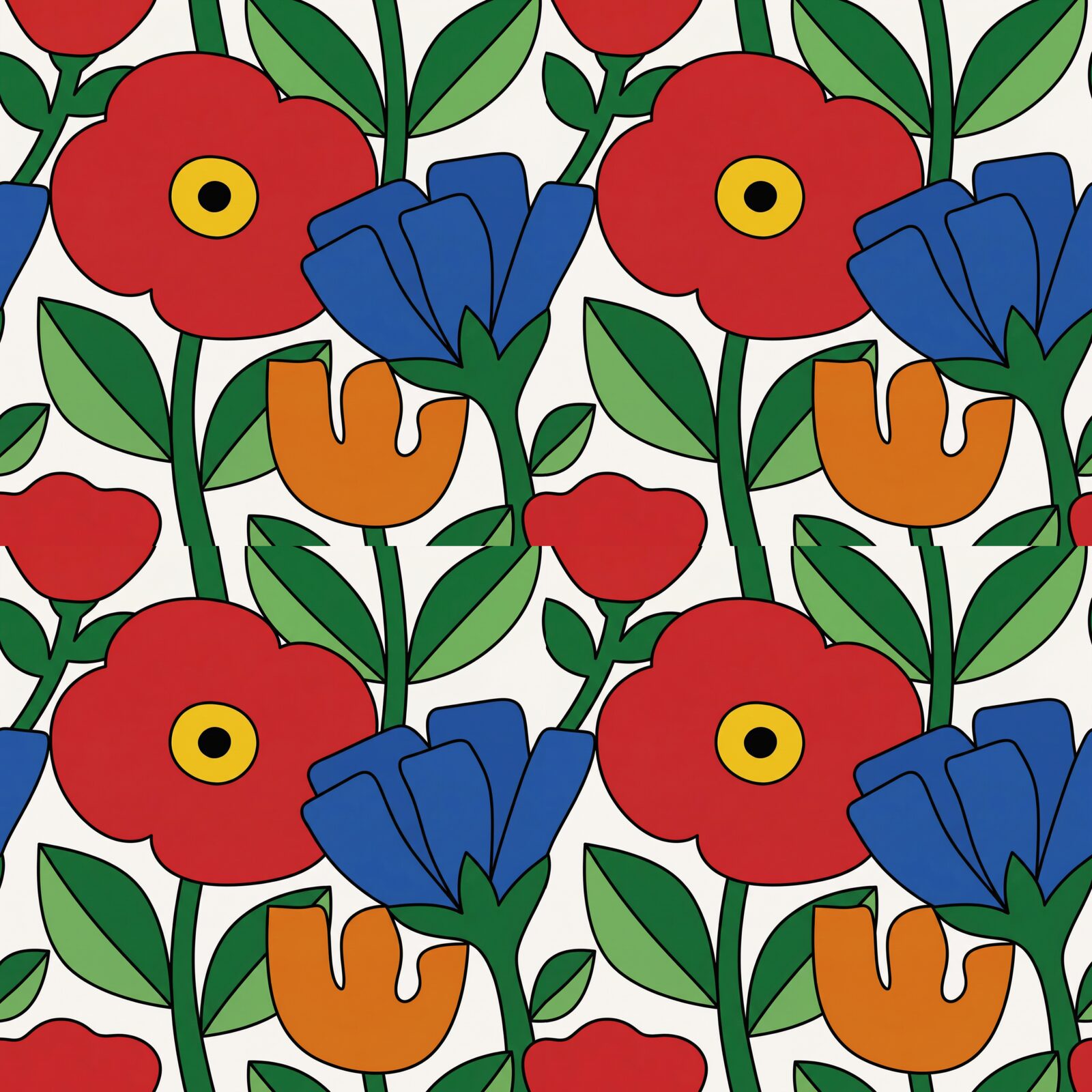 Bold, joyful, monumental Marimekko Homage mural wallpaper. Primary red, Helsinki blue, stem green, petal orange, and bright yellow. Made to order.
