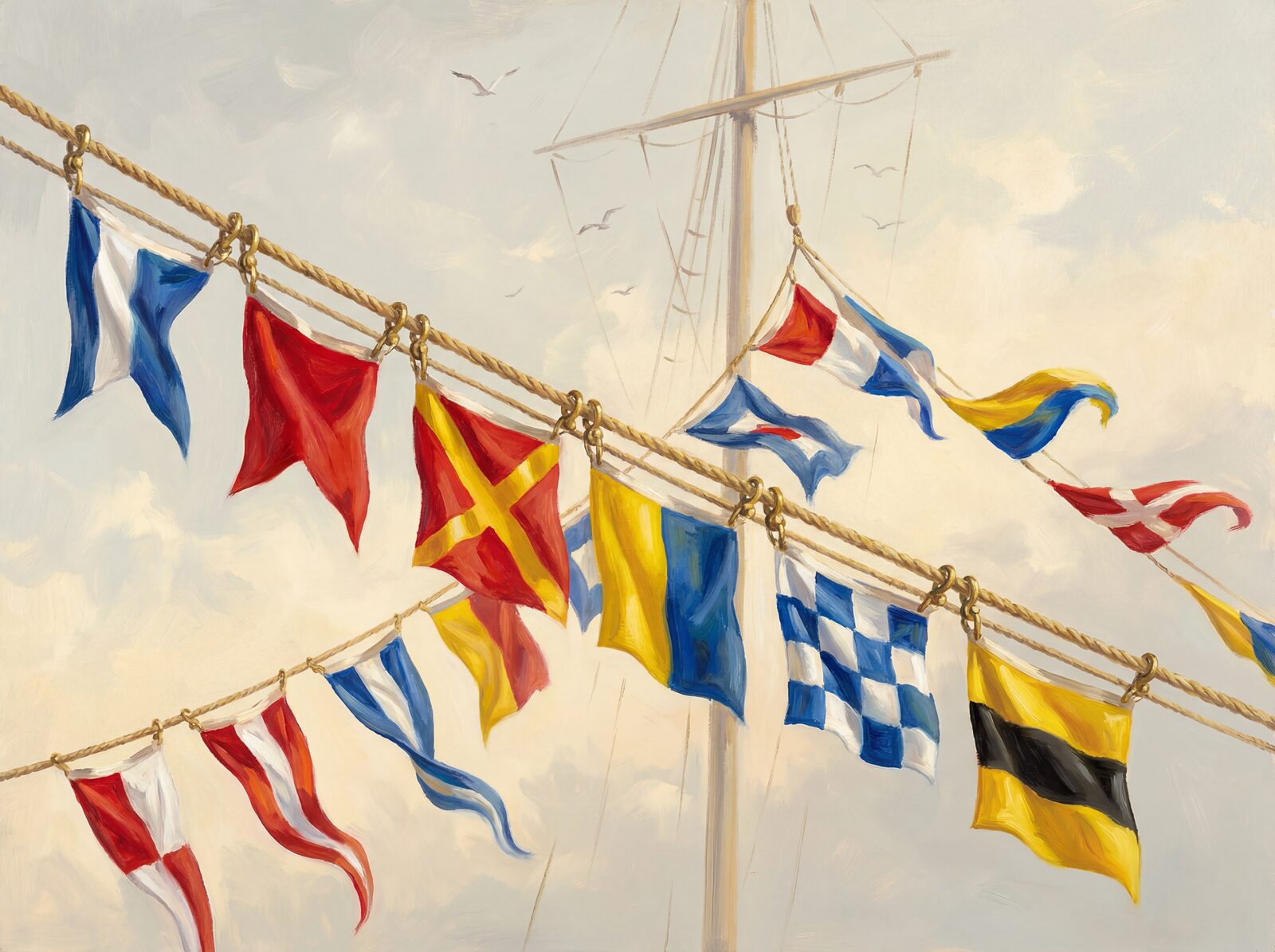 Bright, orderly signal flags in primary colours. A geometric celebration of the sea. Made to order.