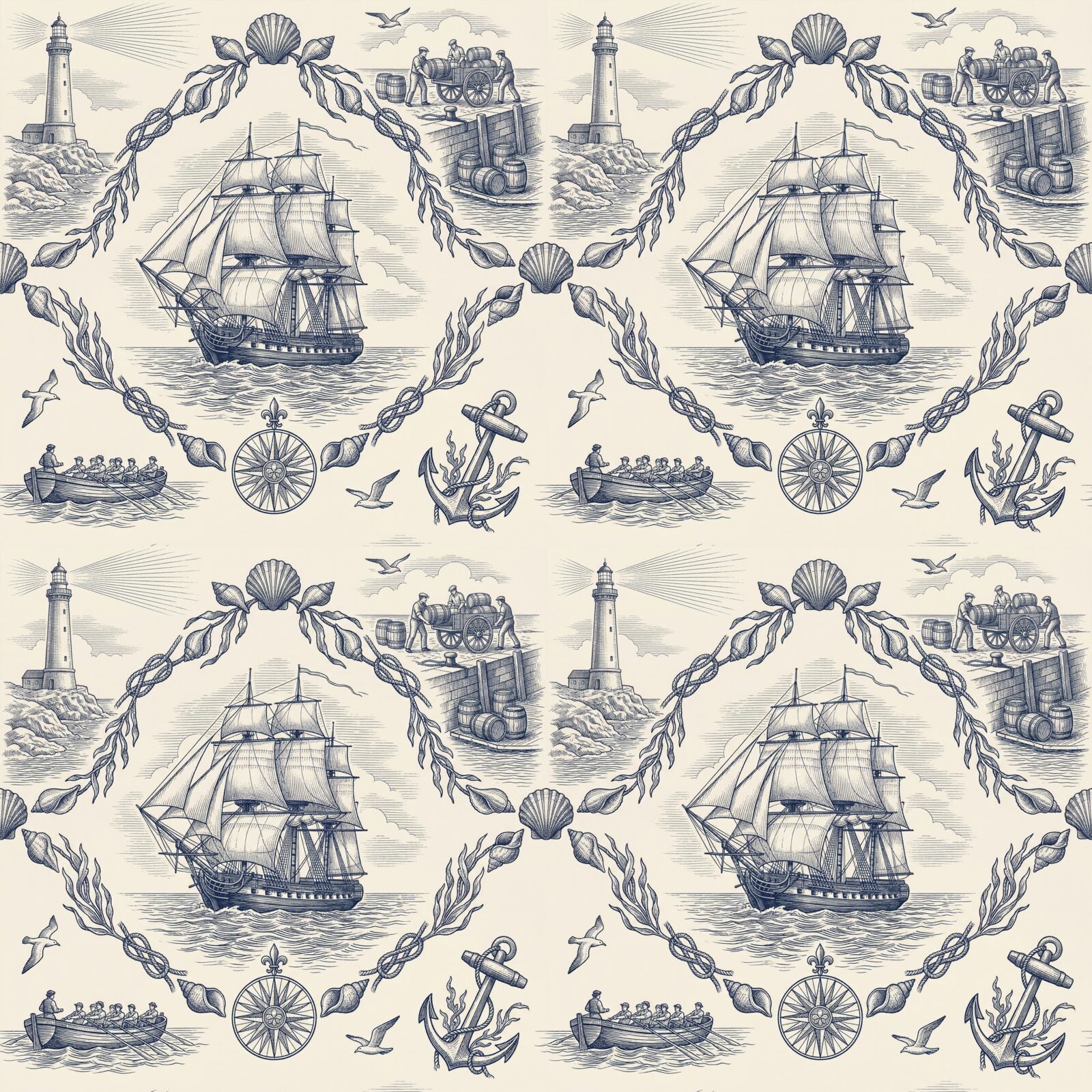 Experience the drama of the high seas with our Maritime Toile mural. Navy hues on French cream. Made to order.