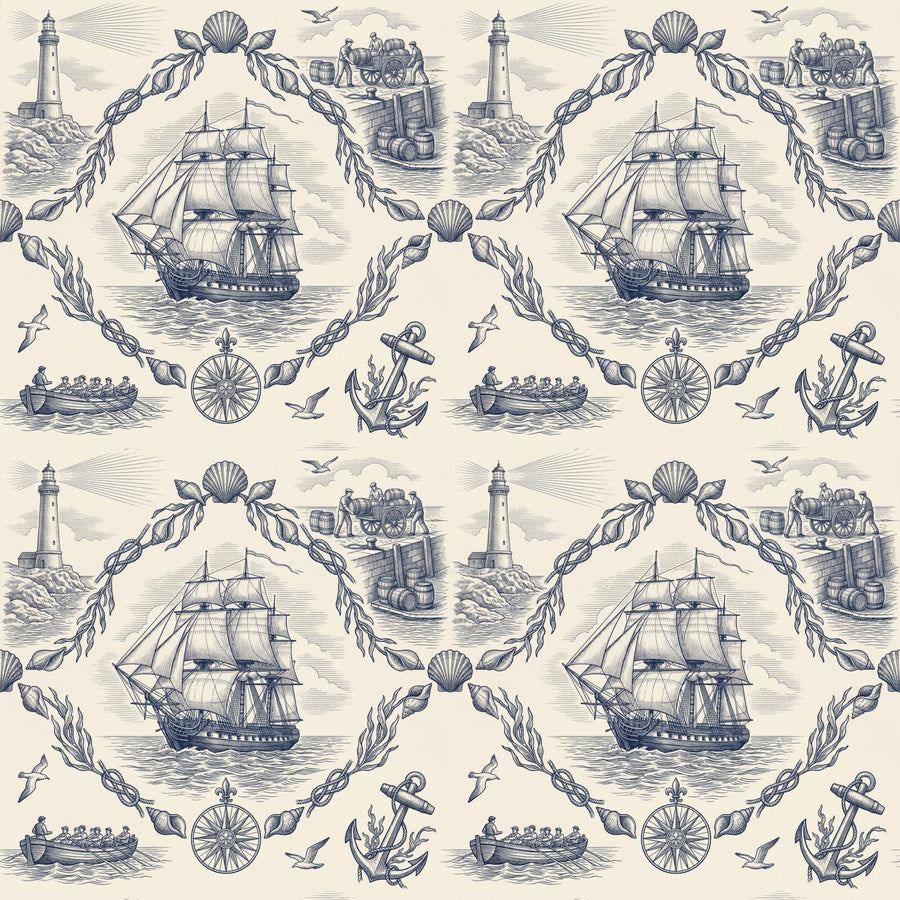 Experience the drama of the high seas with our Maritime Toile mural. Navy hues on French cream. Made to order.