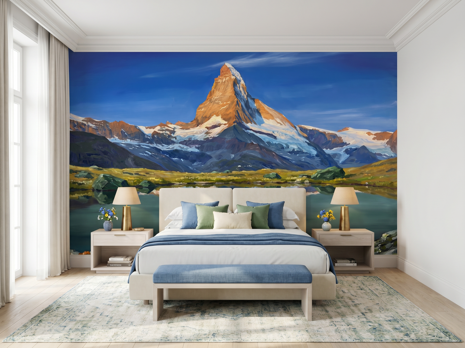 Matterhorn View scenic wallpaper mural on the feature wall of a modern-rustic living room, in a cool blue palette — The Wall Shawl.