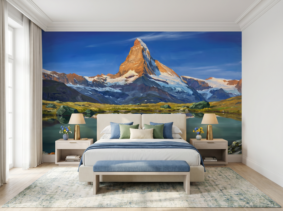 Matterhorn View scenic wallpaper mural on the feature wall of a modern-rustic living room, in a cool blue palette — The Wall Shawl.