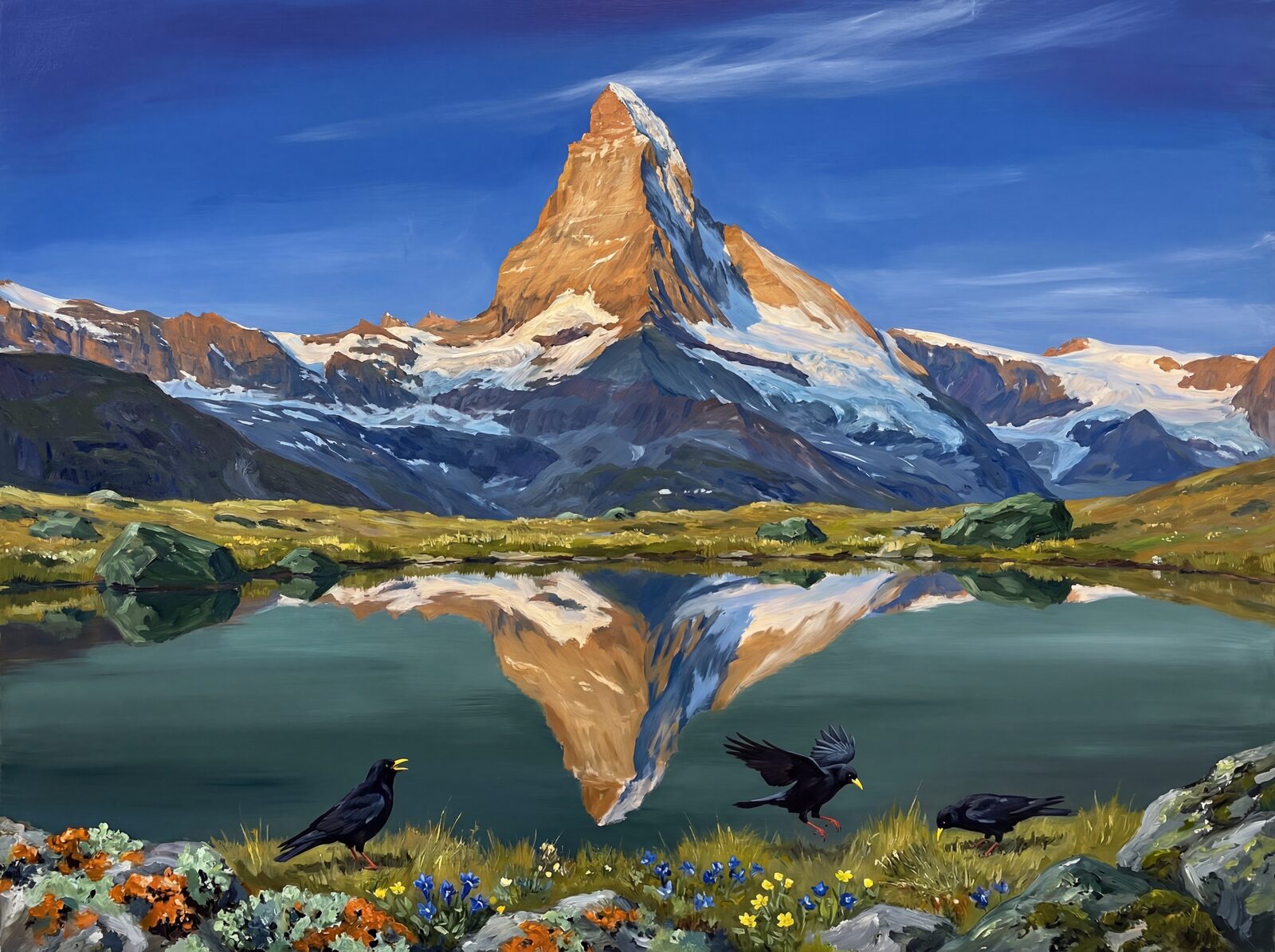 Scenic mural wallpaper featuring the Matterhorn in Hornli Gold, North Shadow, and Alpine Sky. Made to order.