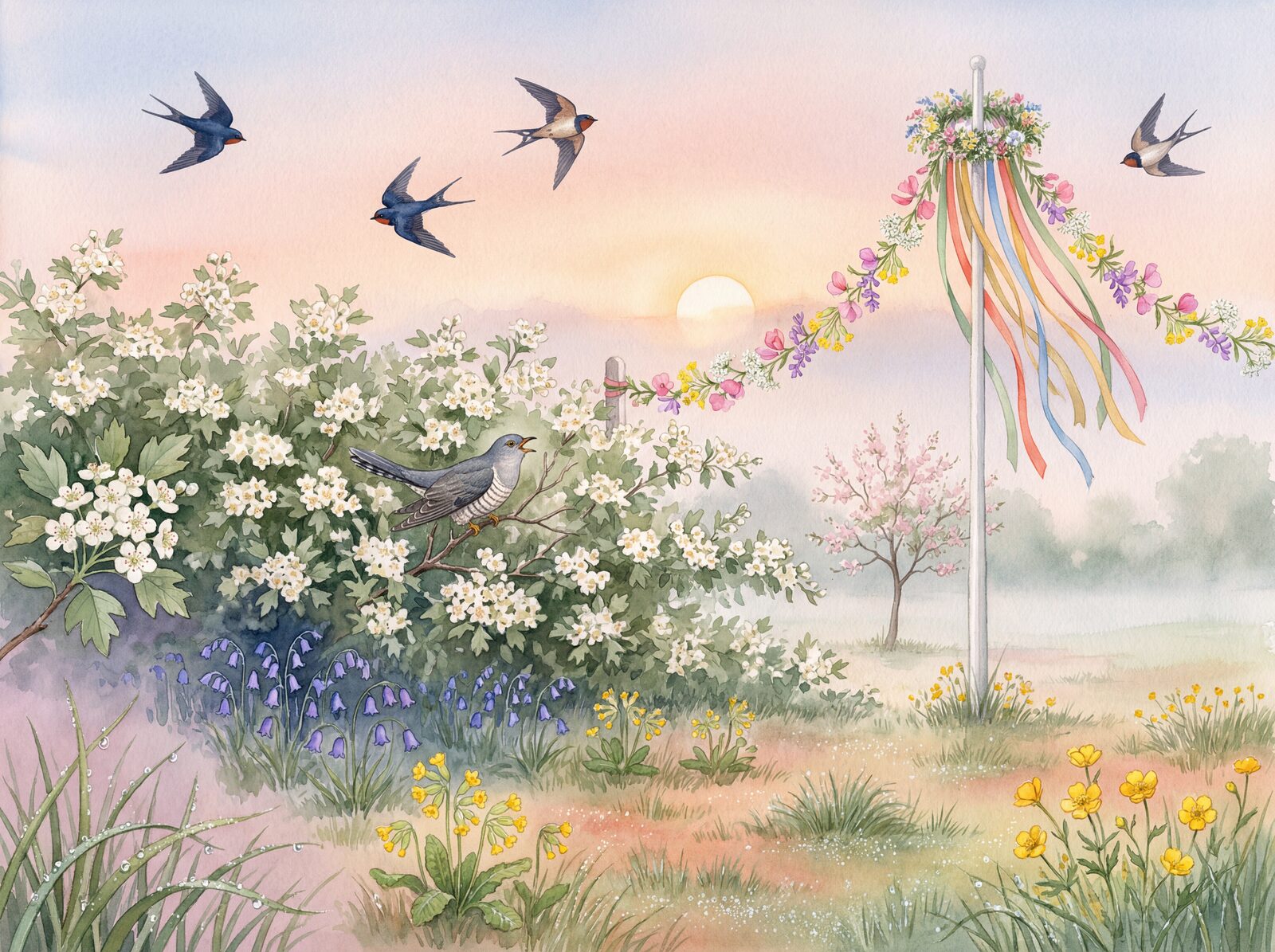 Scenic mural wallpaper featuring a dawn landscape with hawthorn blossom and swallows. Palette: Dawn Rose, May White, Dewdrop. Made to order.