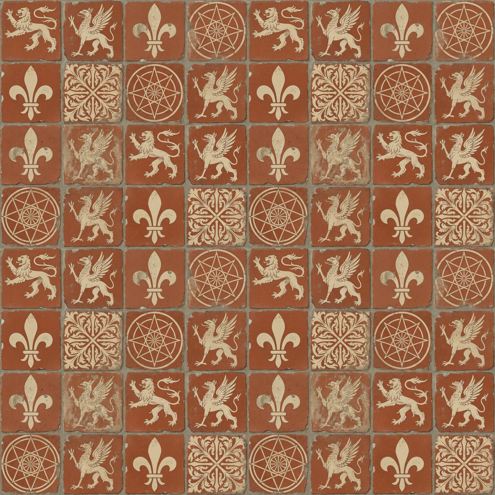 Step onto a 700-year-old English cathedral floor. Rich Tile Red, Slip White, and Worn Dark hues. Made to order.