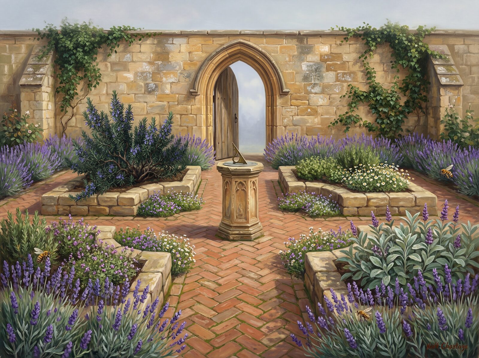 Medieval herb garden mural with lavender, herb green, and warm stone palette. Made to order.