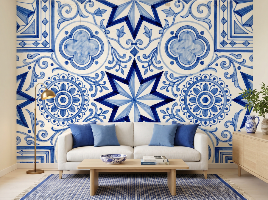 Azulejo Cobalt scenic wallpaper mural on the feature wall of a Mediterranean kitchen, in a cool blue palette — The Wall Shawl.