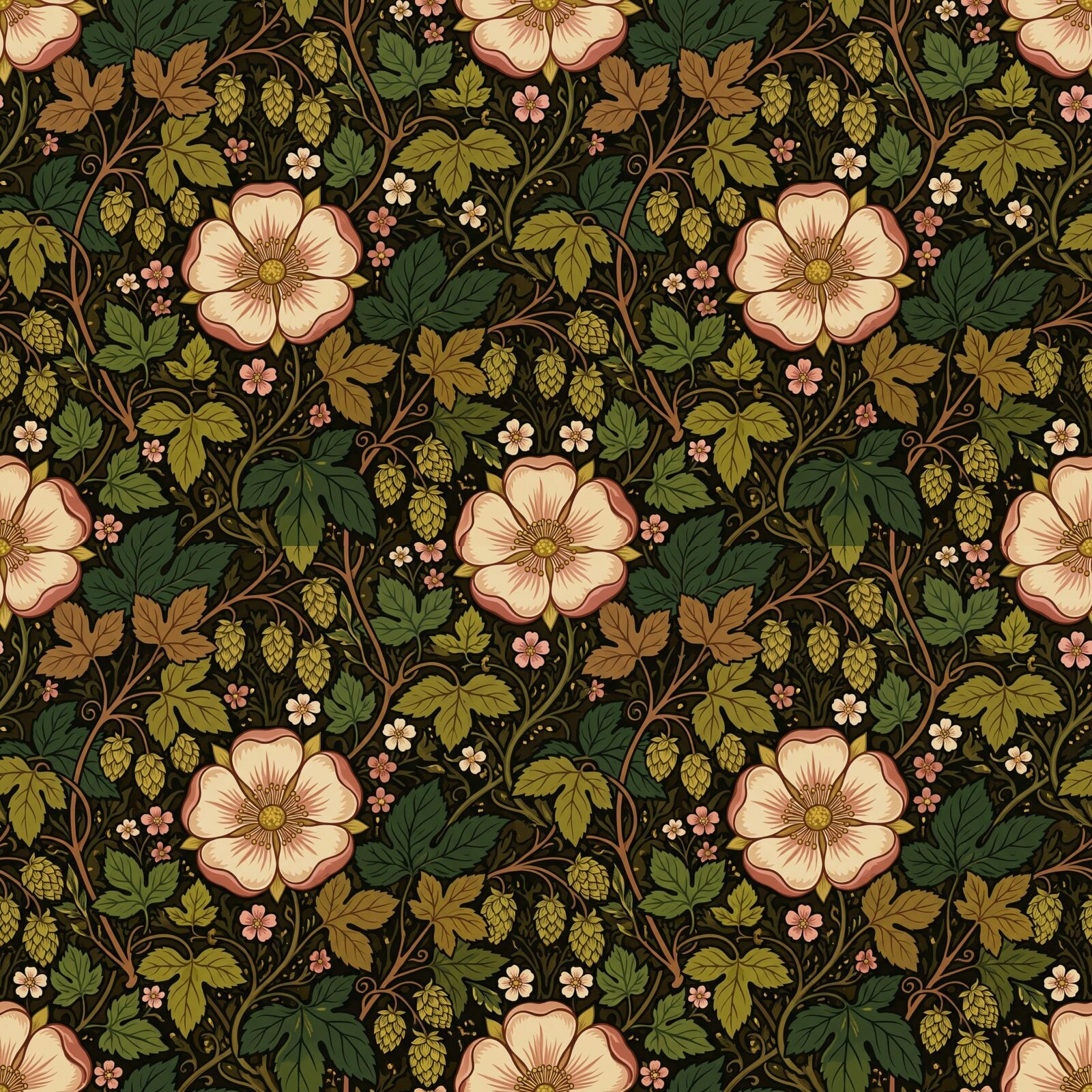 Immerse yourself in Medway Morris, an orchard-rich design in deep umber, blossom cream, and hop green. Made to order.