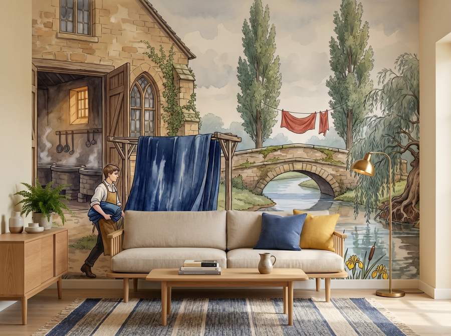 Merton Abbey scenic wallpaper mural on the feature wall of an English-country study, in a cool blue palette — The Wall Shawl.