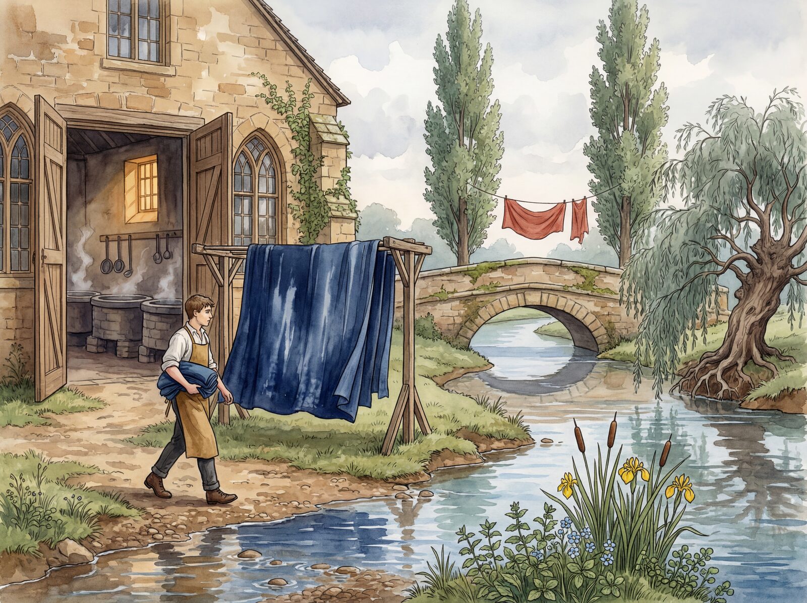 Scenic mural wallpaper featuring Wandle Blue, Indigo Cloth, and Workshop Stone. Made to order.