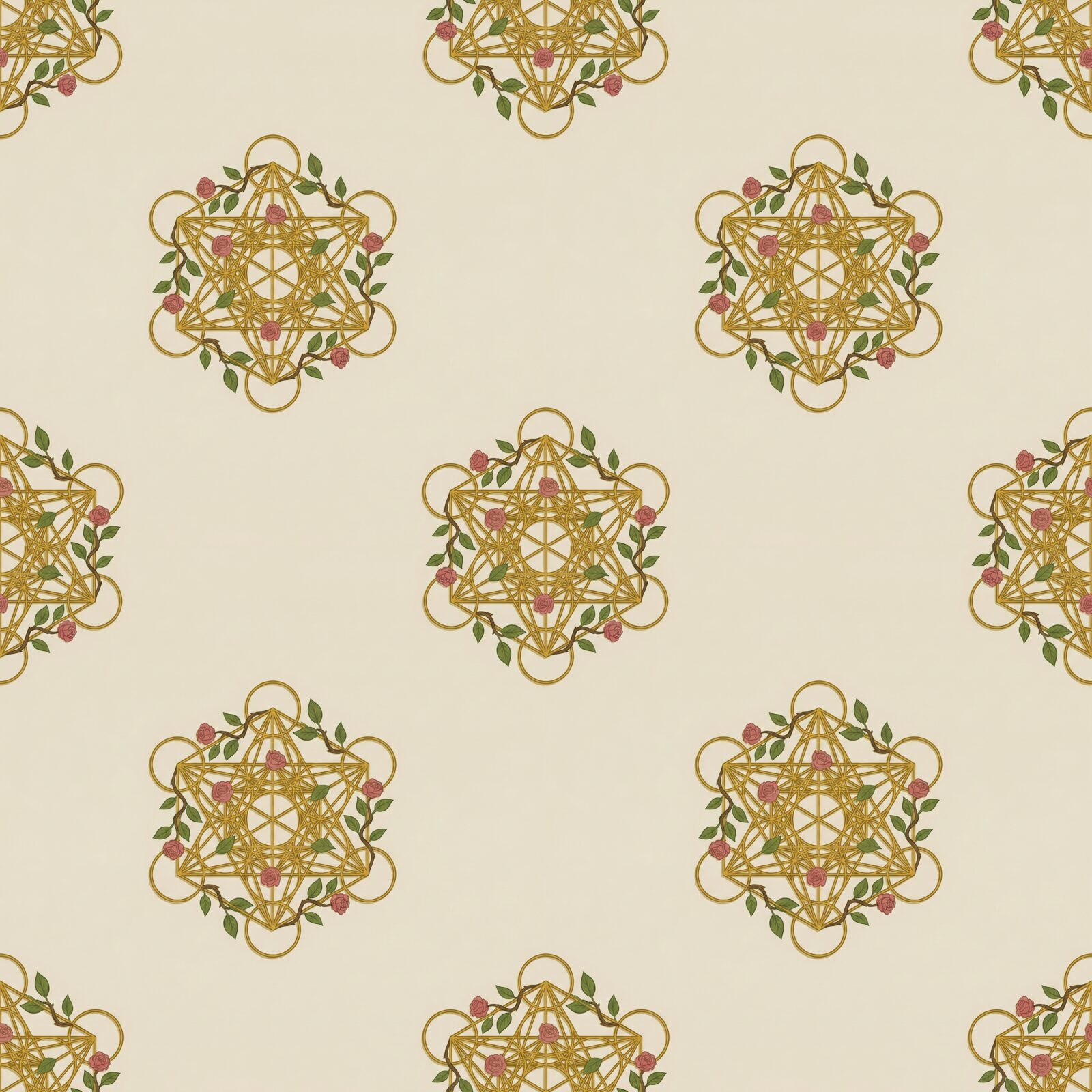 Discover Metatron's Cube, a sacred geometry mural with a palette of Sage Cream, Geometric Gold, and Leaf Green. Made to order.