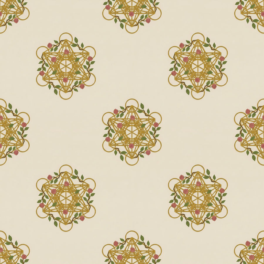 Discover Metatron's Cube, a sacred geometry mural with a palette of Sage Cream, Geometric Gold, and Leaf Green. Made to order.