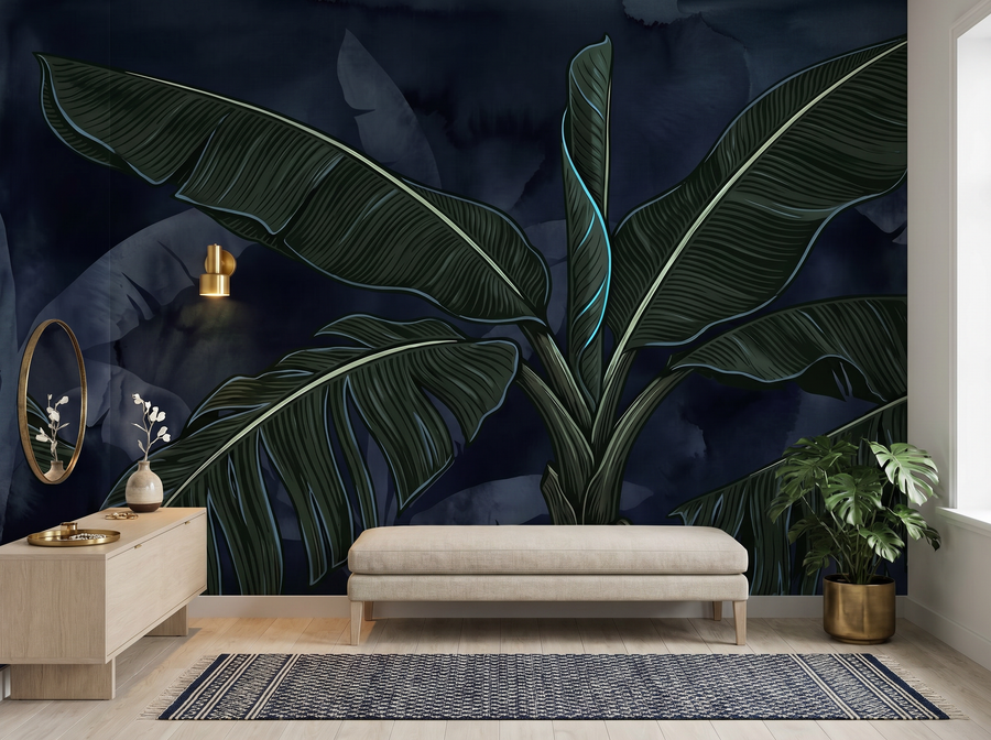 Midnight Banana Leaf scenic wallpaper mural on the feature wall of a tropical living room, in a moody black-and-charcoal palette — The Wall Shawl.