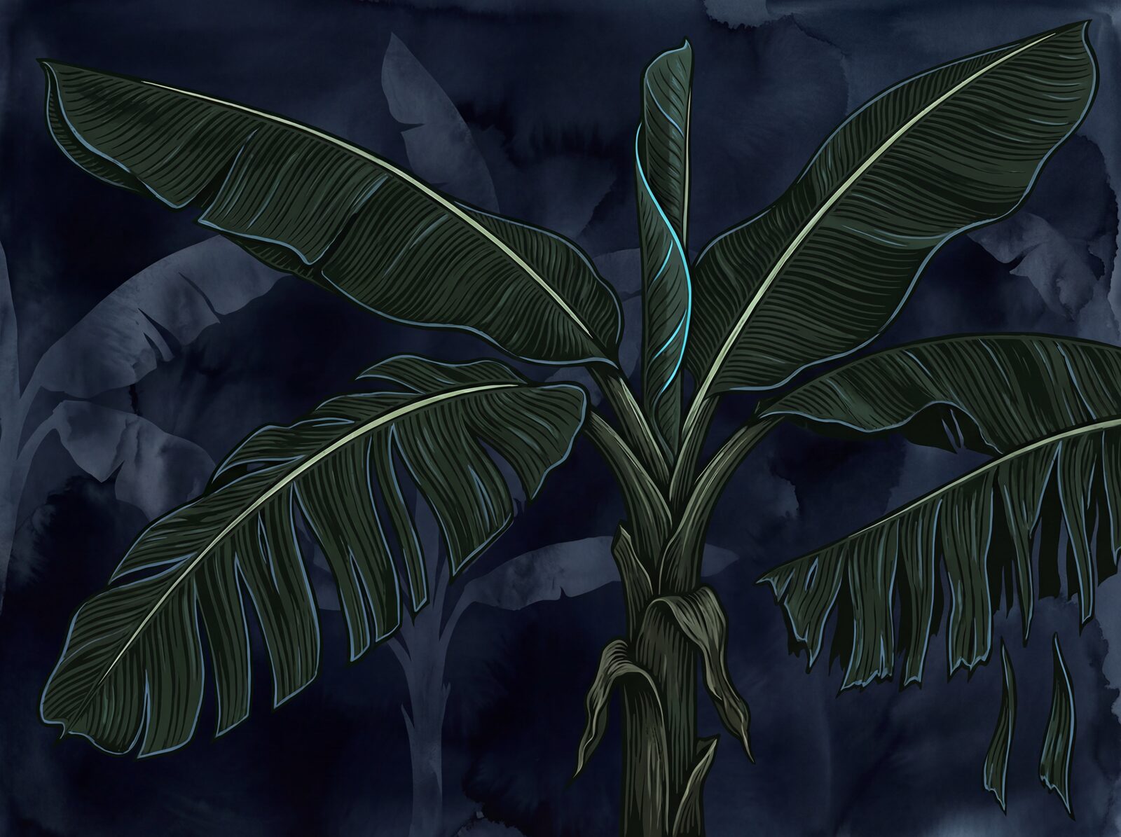 Navy black, blue-green, and fibrous textures combine in a scenic mural. Made to order.