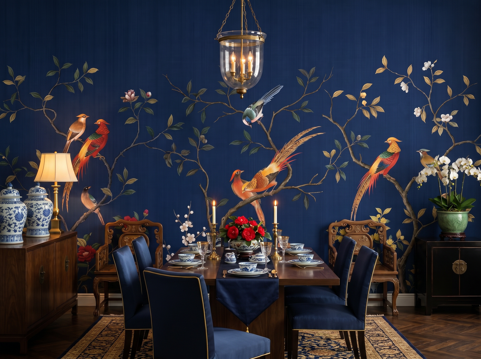 Midnight Chinoiserie scenic wallpaper mural on the feature wall of a chinoiserie dining room, in a moody black-and-charcoal palette — The Wall Shawl.