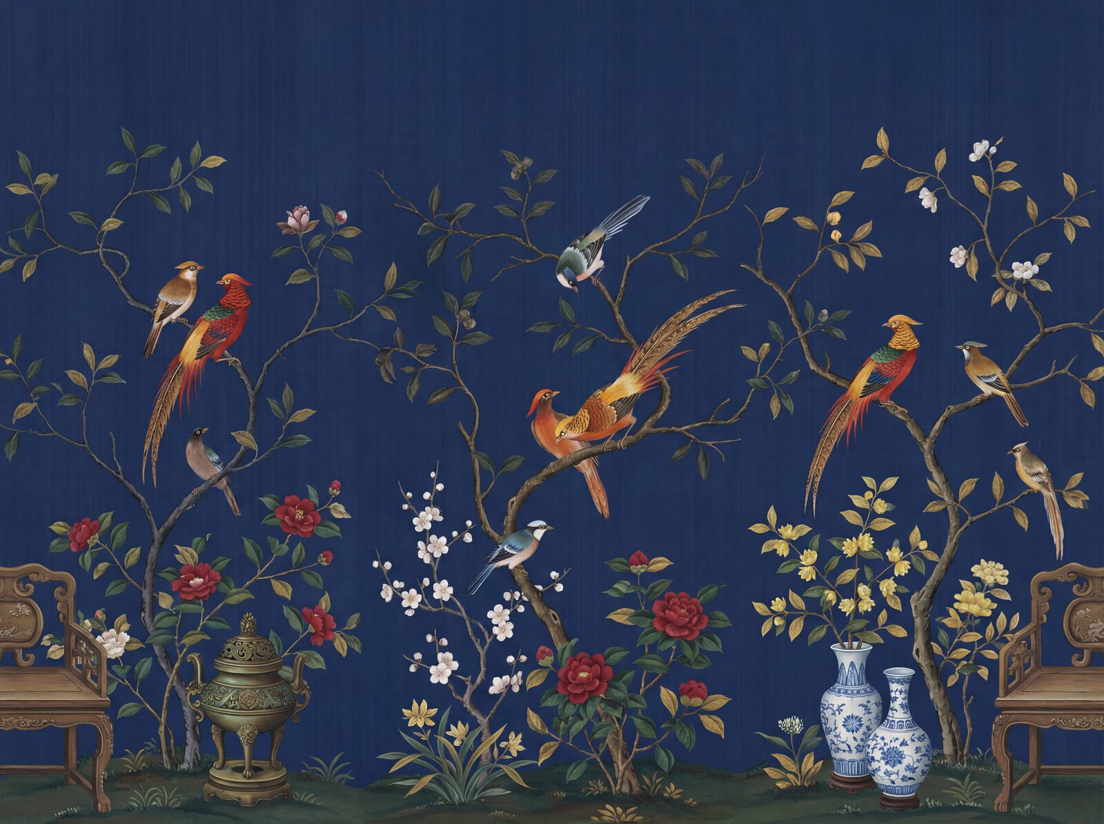 Dramatic nocturnal scene with indigo, gold, and scarlet hues. Made to order.