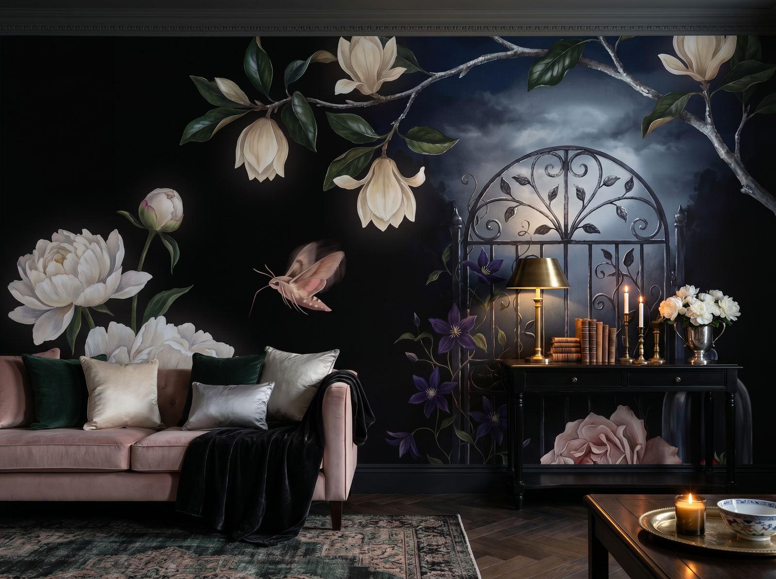 Midnight Garden Gate scenic wallpaper mural on the feature wall of an English-country bedroom, in a moody black-and-charcoal palette — The Wall Shawl.