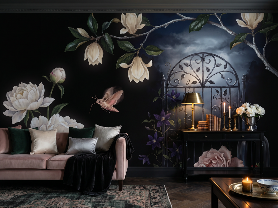 Midnight Garden Gate scenic wallpaper mural on the feature wall of an English-country bedroom, in a moody black-and-charcoal palette — The Wall Shawl.