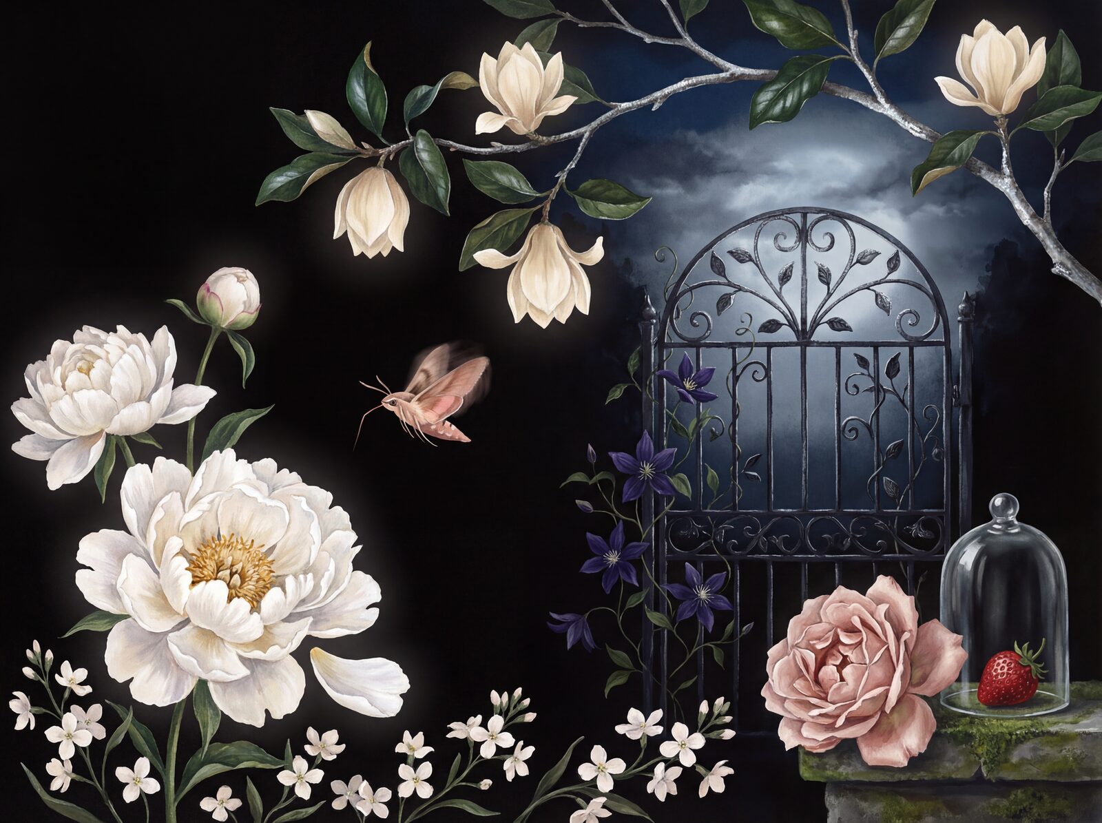 Scenic mural wallpaper featuring a nocturnal garden scene with peonies, magnolias, and a wrought-iron gate in a palette of Midnight Void, Petal White, and Dying Blush. Made to orde
