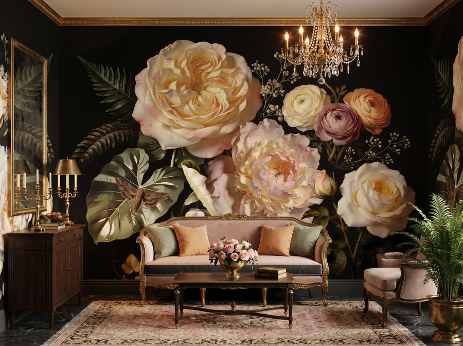 Midnight Garden scenic wallpaper mural on the feature wall of a dark-academia dining room, in a soft grey palette — The Wall Shawl.