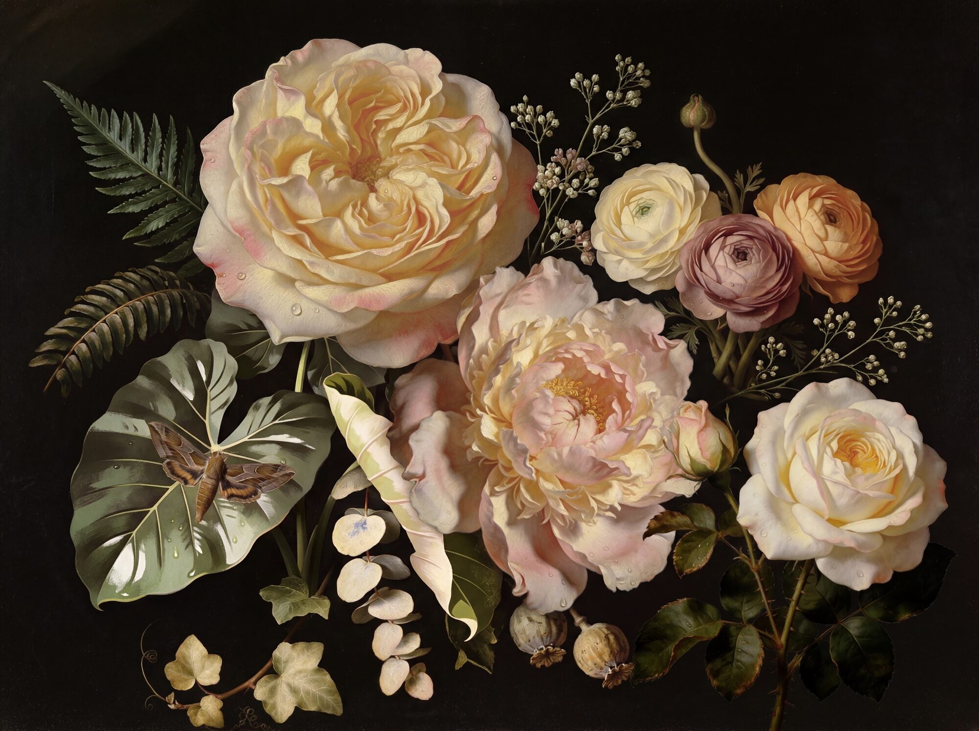Dutch Golden Age botanical still life mural: cream cabbage rose, blush peony and ivory garden roses with ranunculus and hawk moth on a near-black ground