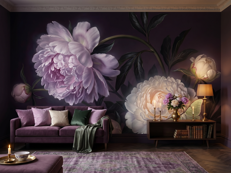 Midnight Peony scenic wallpaper mural on the feature wall of an English-country bedroom, in a moody black-and-charcoal palette — The Wall Shawl.