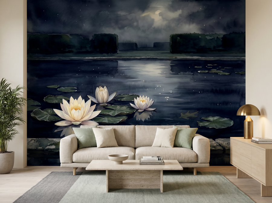 Midnight Pool scenic wallpaper mural on the feature wall of an English-country bedroom, in a moody black-and-charcoal palette — The Wall Shawl.